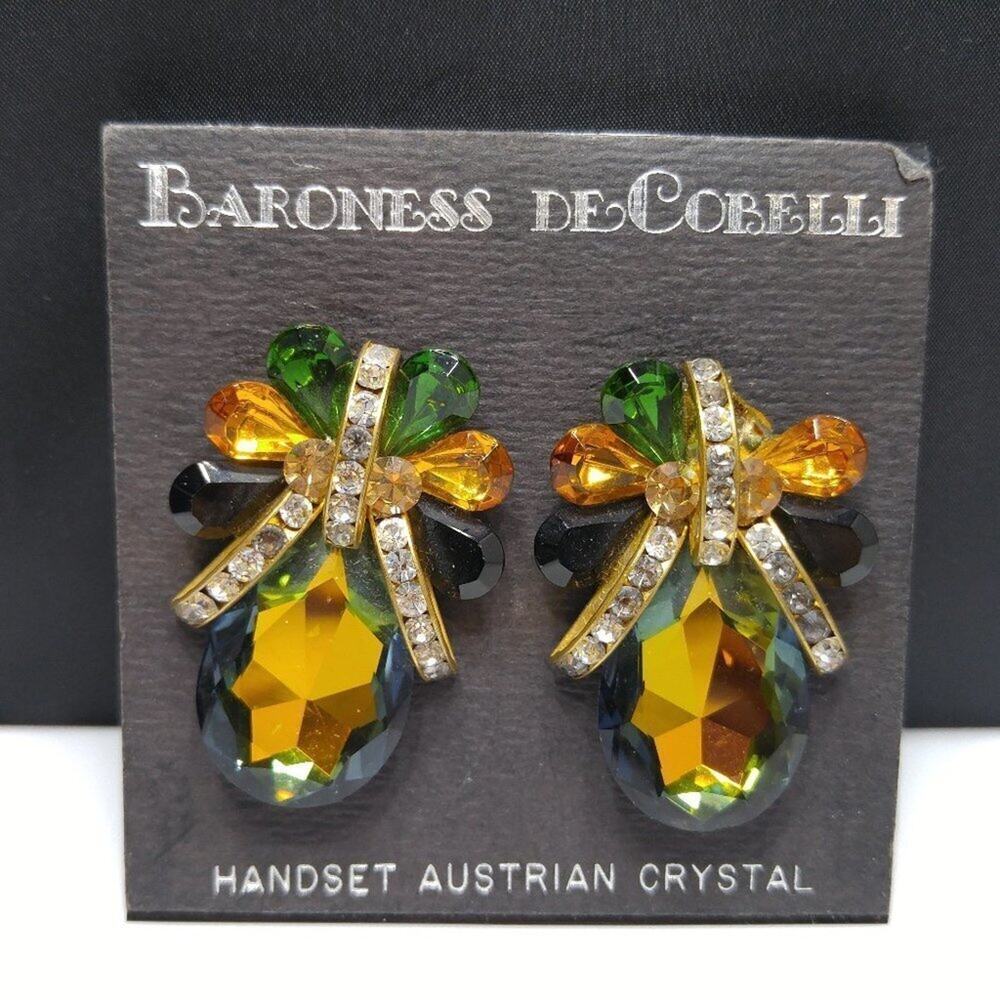 Vintage Austrian Crystal Handset Clip Earrings, New on Card, 1 7/8 Inches